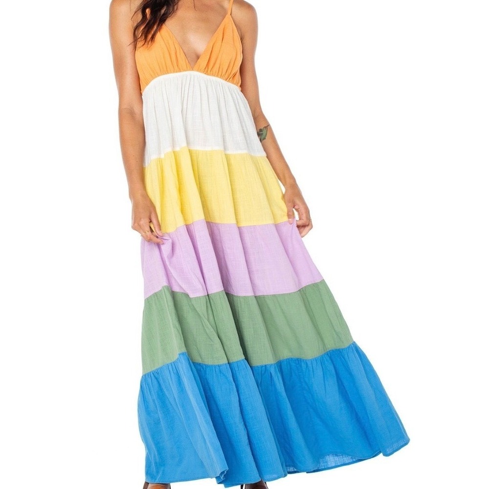 Roxy Juniors' Honolulu Glow Cotton Tiered Open-Back Maxi Dress Summer Beach S - Picture 6 of 6